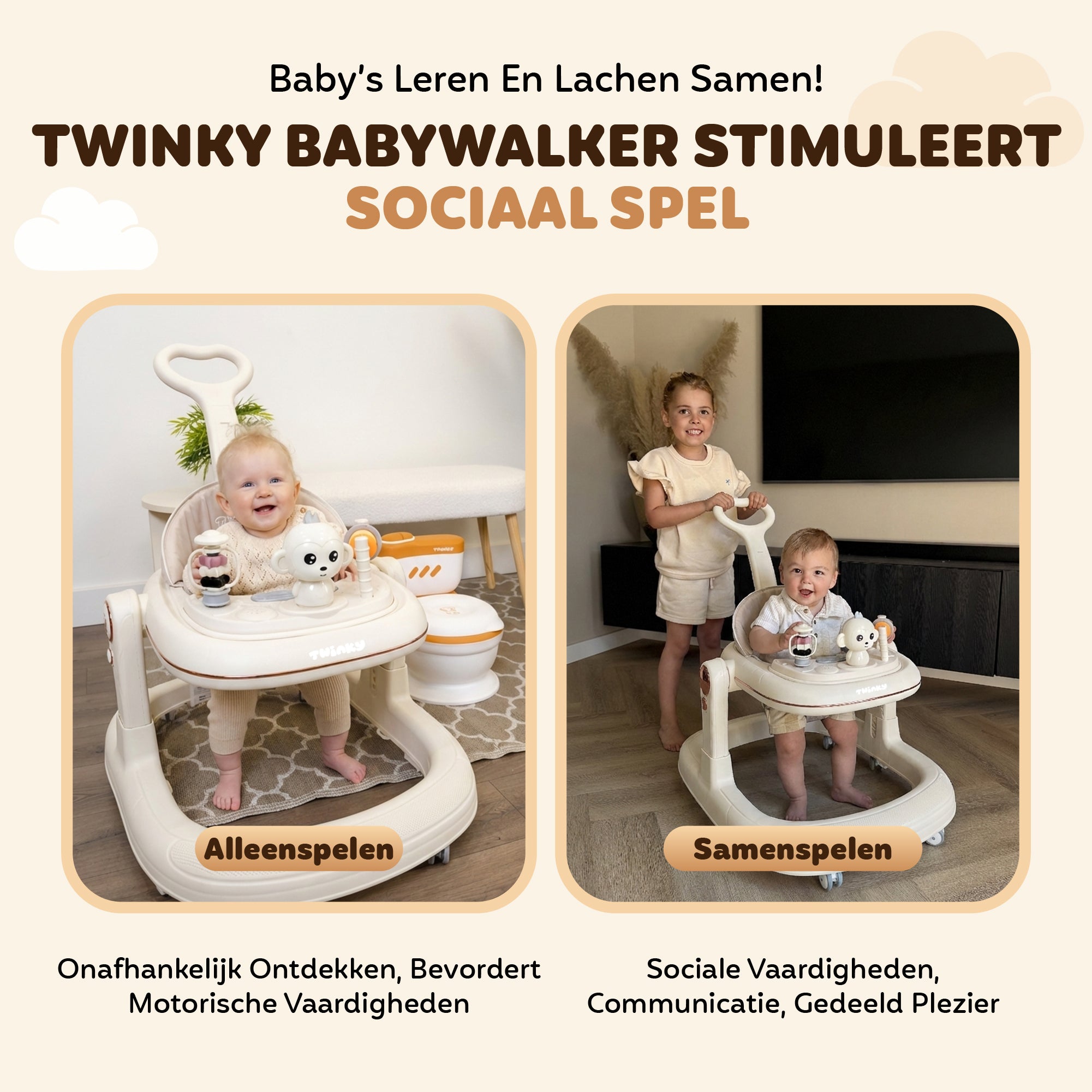 (PRE-ORDER) Twinky Babywalker GO - 2-in-1 Loopstoel & Loopwagen - Cream