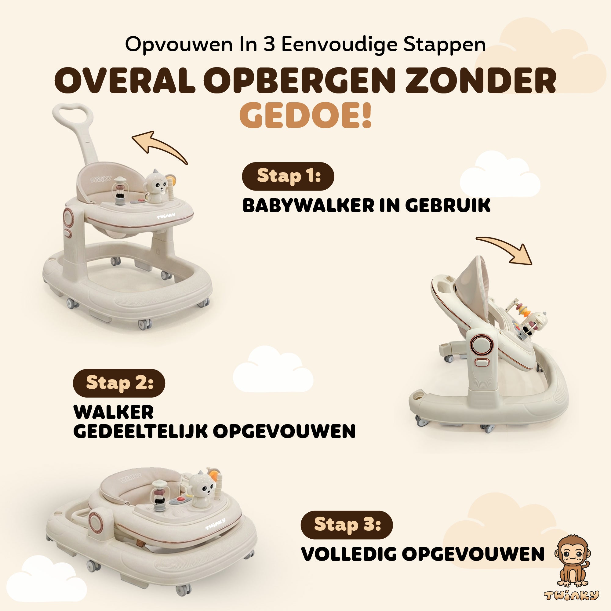 (PRE-ORDER) Twinky Babywalker GO - 2-in-1 Loopstoel & Loopwagen - Cream