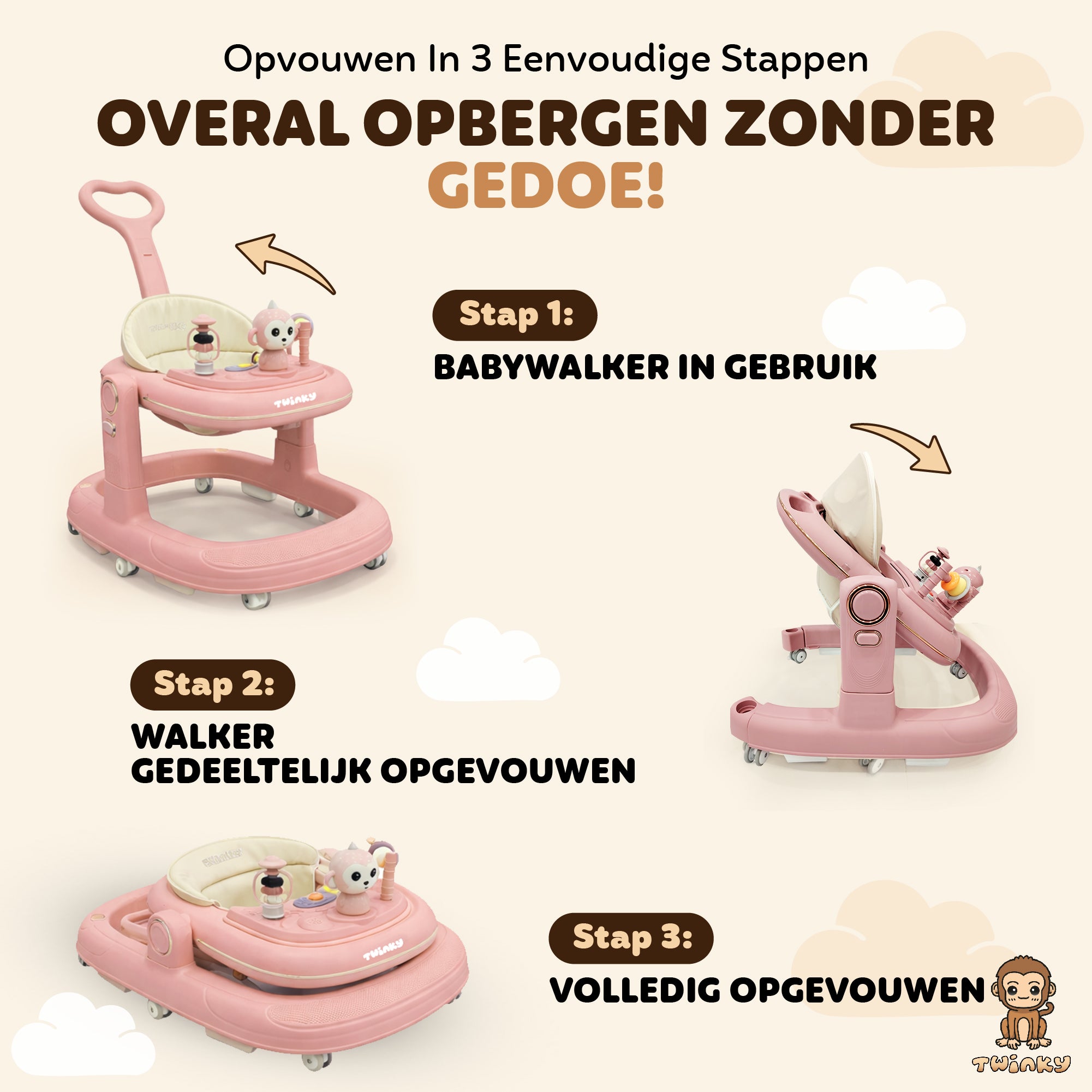 Twinky Babywalker GO - 2-in-1 Loopstoel & Loopwagen - Pink