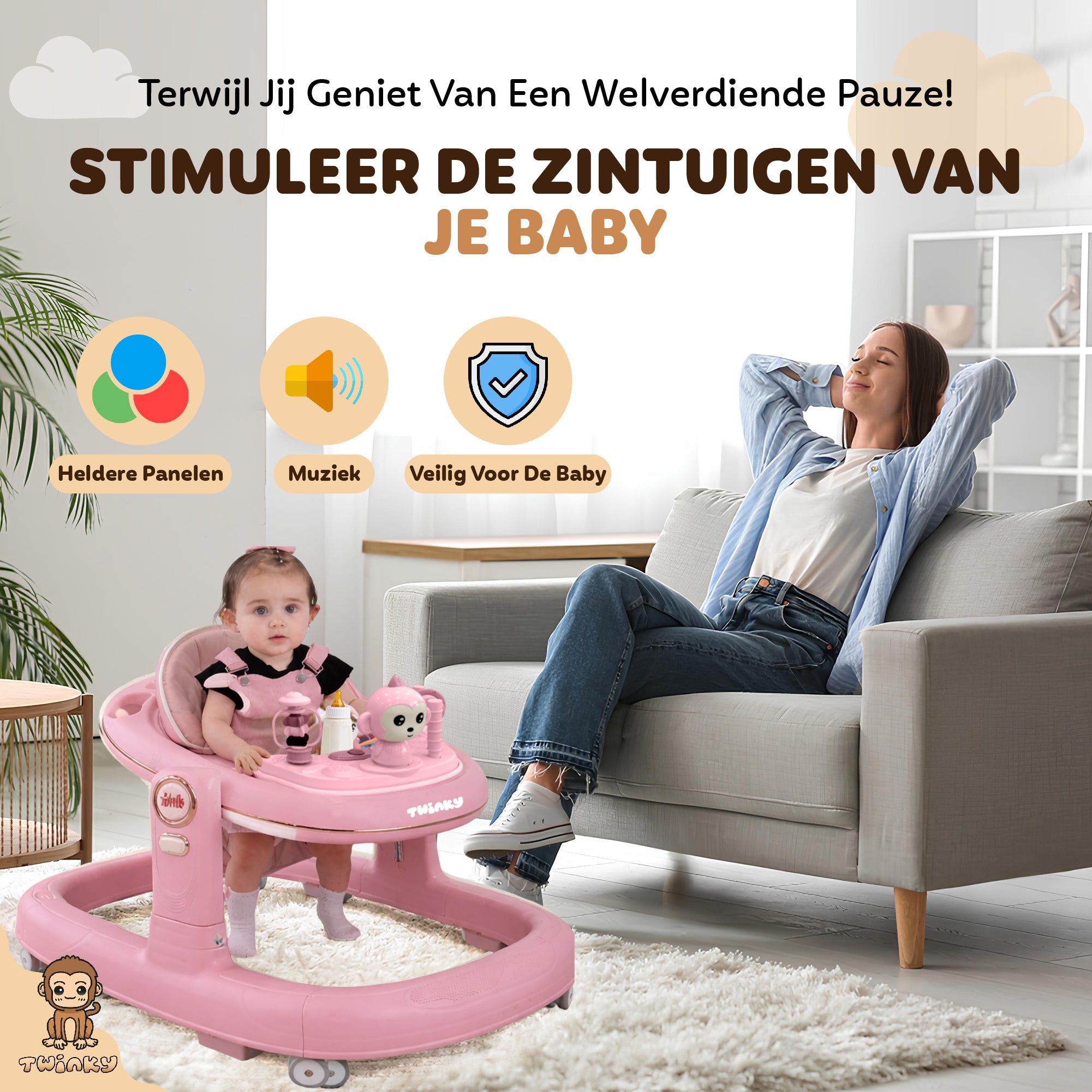 Twinky Babywalker GO - 2-in-1 Loopstoel & Loopwagen - Pink