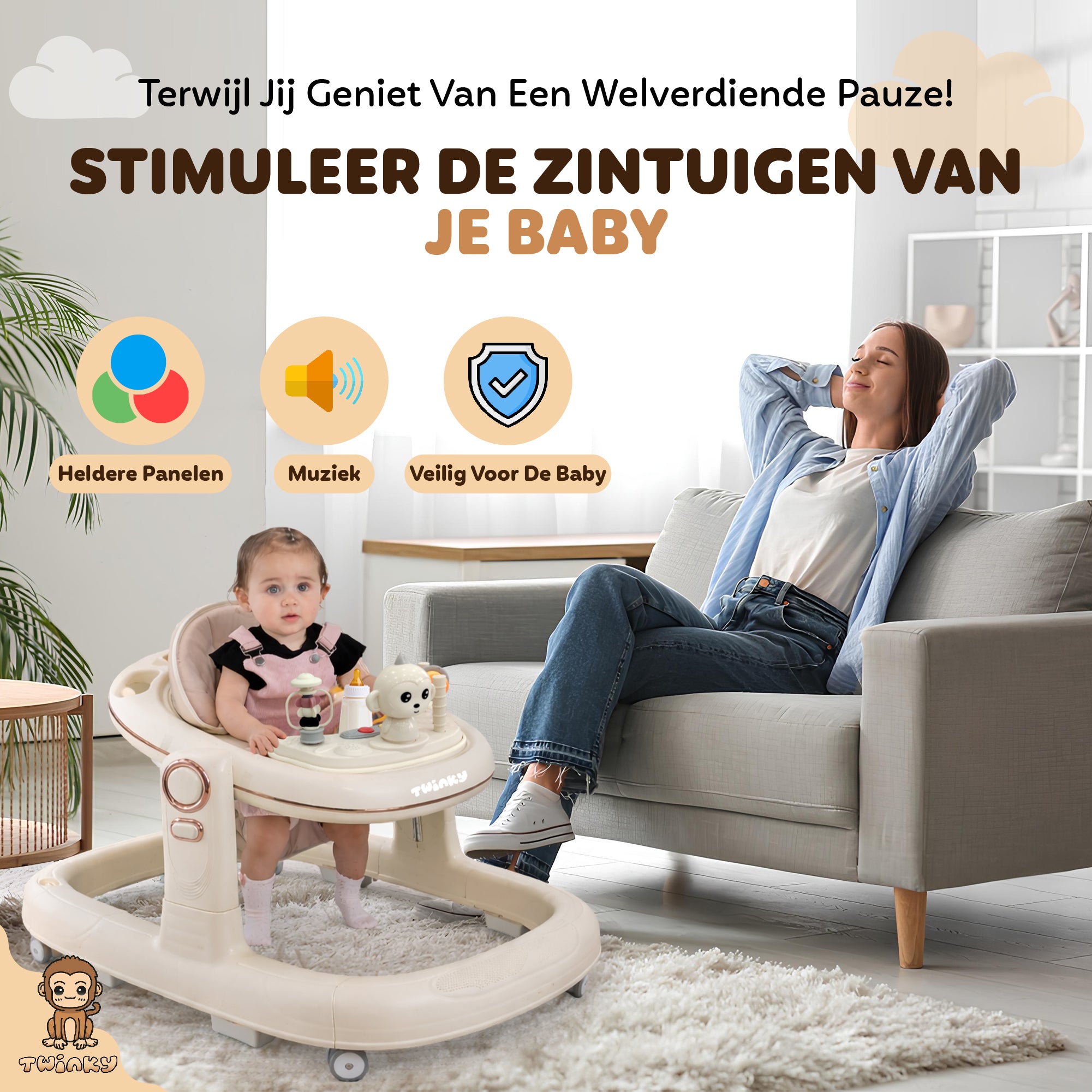 (PRE-ORDER) Twinky Babywalker GO - 2-in-1 Loopstoel & Loopwagen - Cream