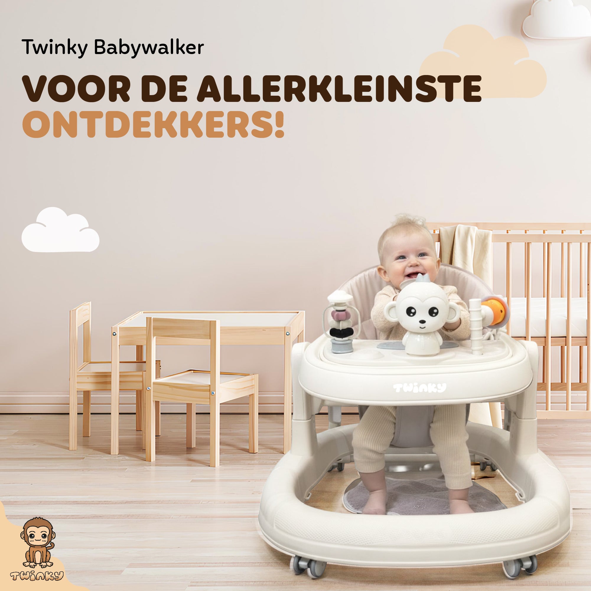 (PRE-ORDER) Twinky Babywalker GO - 2-in-1 Loopstoel & Loopwagen - Cream