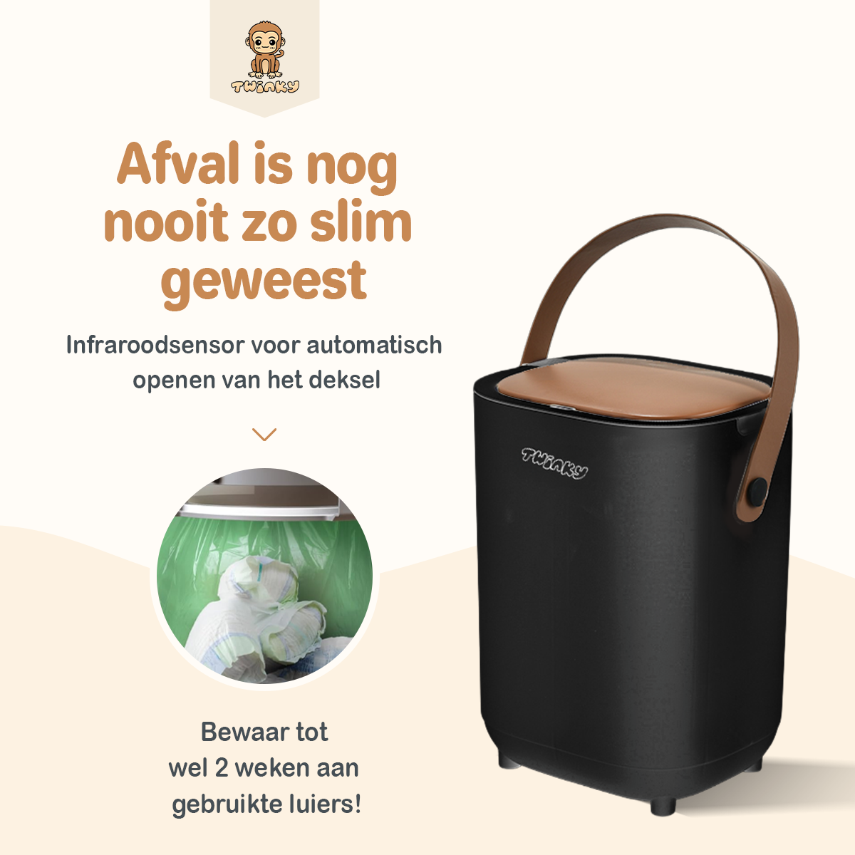 Poubelle à couches Twinky - Modèle à capteur – Noir Marron