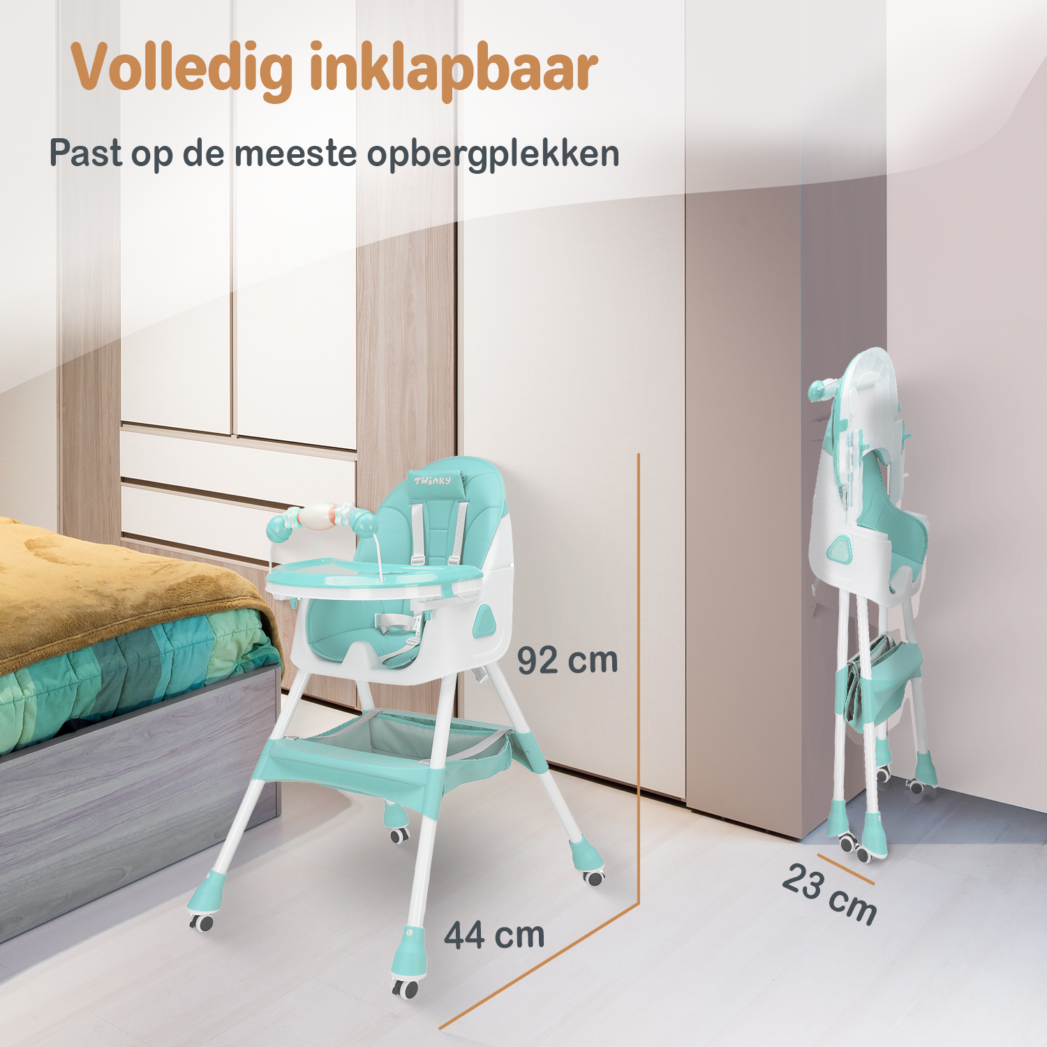 Een inklapbare kinderstoel die ook als kinderstoeltje en tafel kan dienen, ideaal als meegroeiende stoel voor baby's.