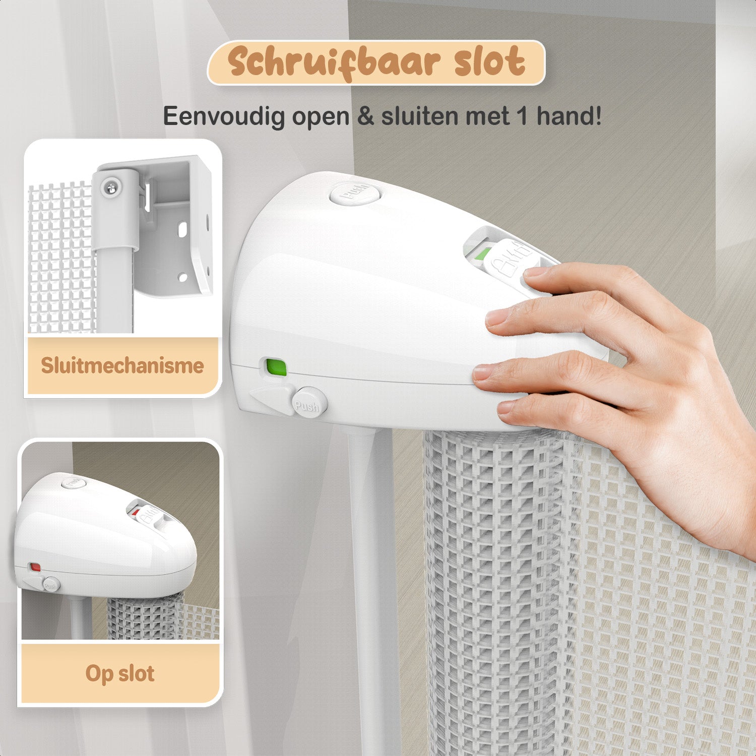 Een traphekje zonder boren, uitschuifbaar en oprolbaar, beschikbaar in zowel zwart als wit voor veiligheid en gemak.