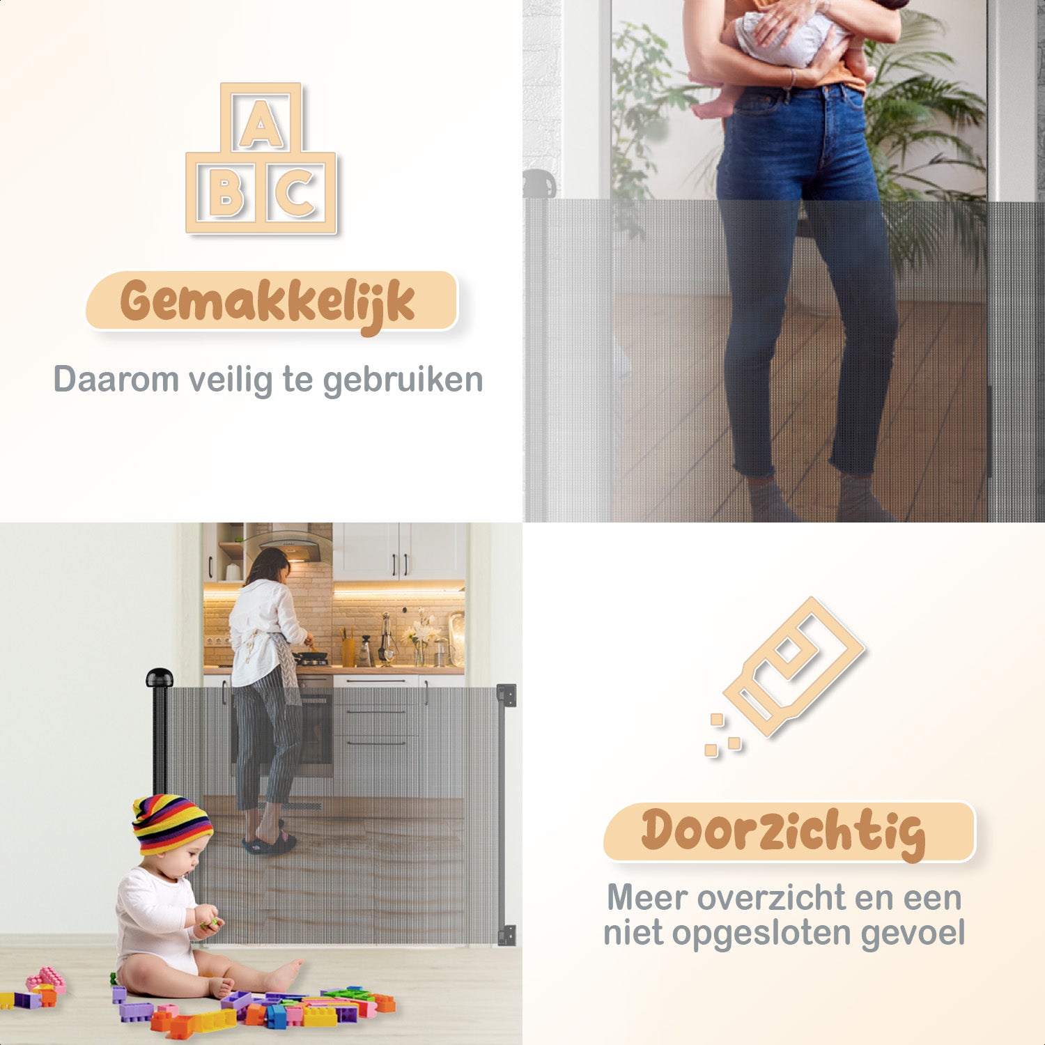 Een traphekje zonder boren, uitschuifbaar en oprolbaar, beschikbaar in zowel zwart als wit voor veiligheid en gemak.