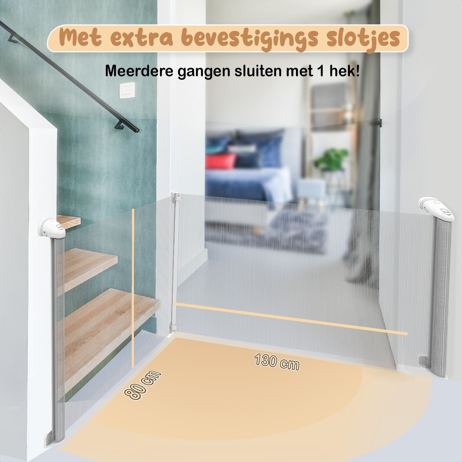 Een traphekje zonder boren, uitschuifbaar en oprolbaar, beschikbaar in zowel zwart als wit voor veiligheid en gemak.