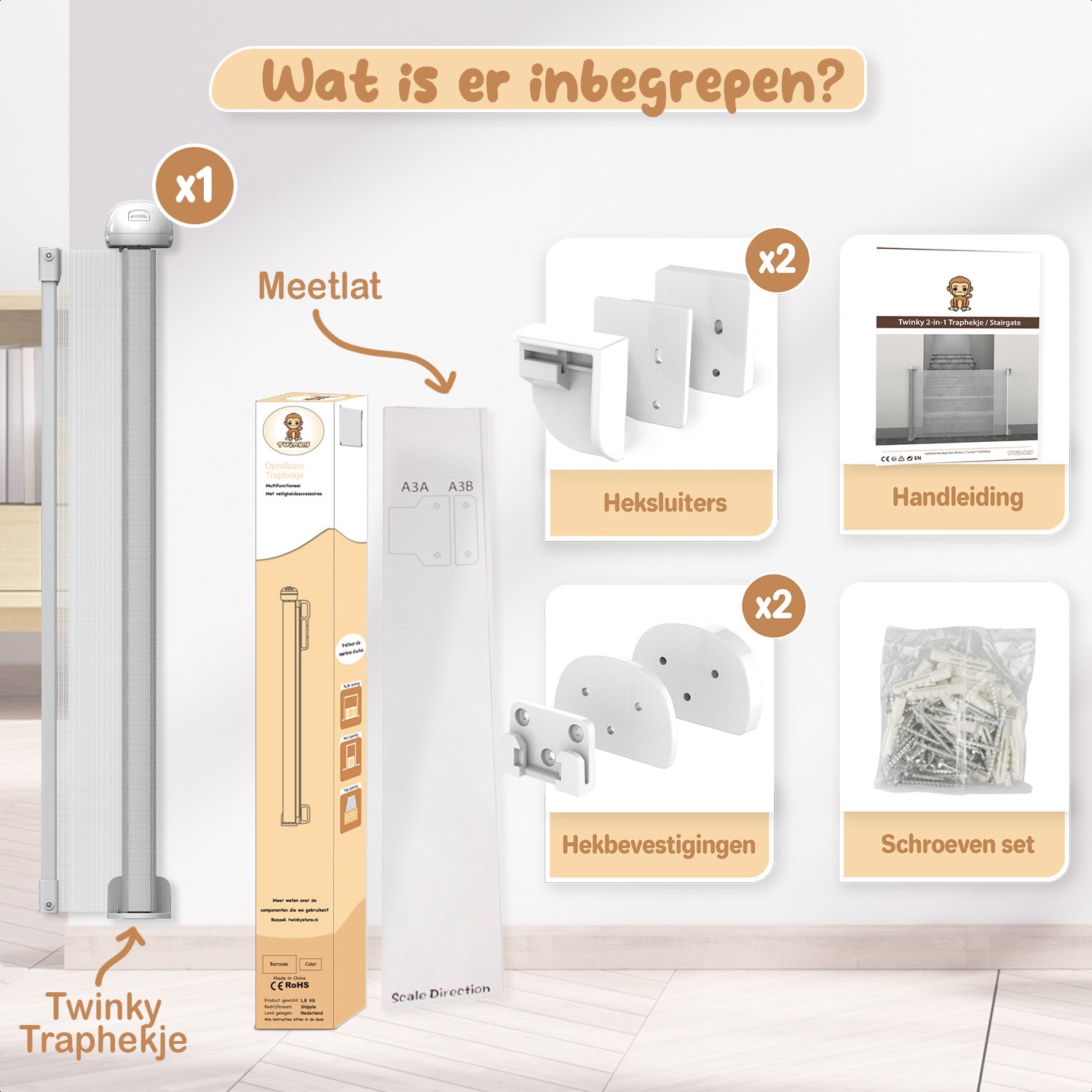 Een traphekje zonder boren, uitschuifbaar en oprolbaar, beschikbaar in zowel zwart als wit voor veiligheid en gemak.