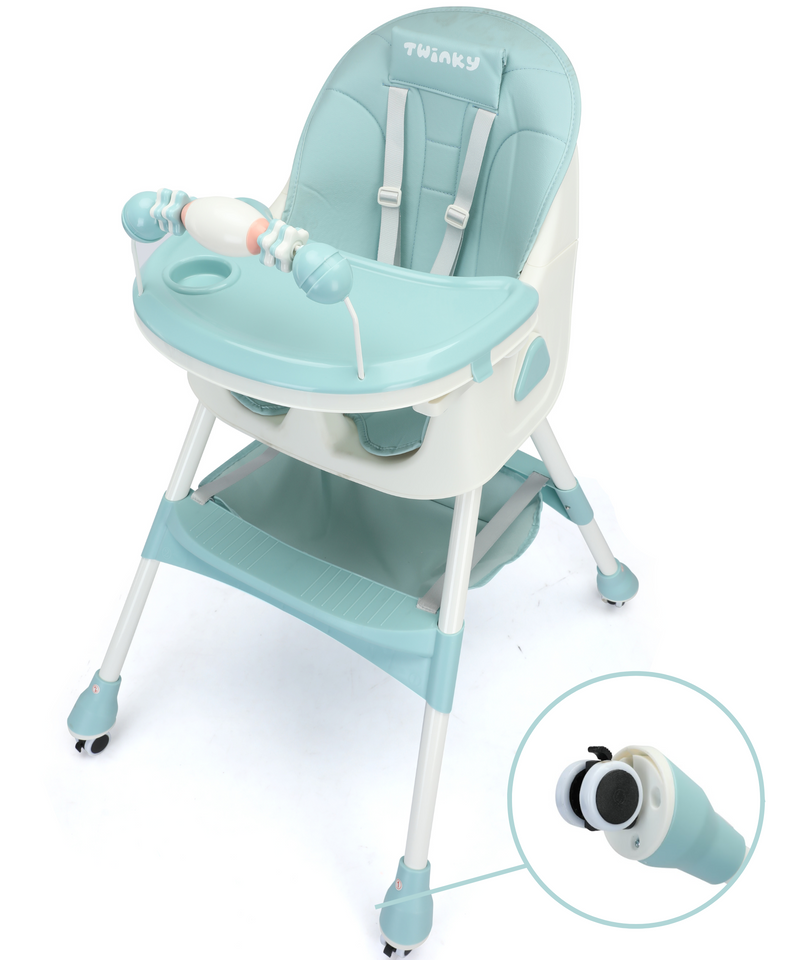 Een inklapbare kinderstoel die ook als kinderstoeltje en tafel kan dienen, ideaal als meegroeiende stoel voor baby's.