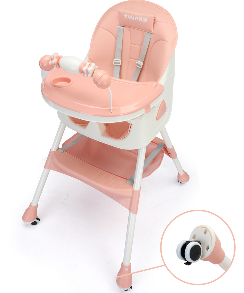 Een Roze inklapbare kinderstoel die ook als kinderstoeltje en tafel kan dienen, ideaal als meegroeiende stoel voor baby's.