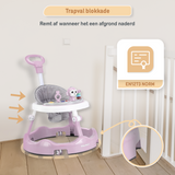 Een Roze loopstoel voor baby's, ook bekend als babywalker of loopwagen, om de eerste stapjes te ondersteunen