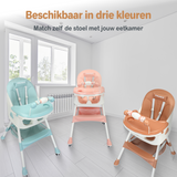 Een inklapbare kinderstoel die ook als kinderstoeltje en tafel kan dienen, ideaal als meegroeiende stoel voor baby's.