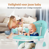 Een inklapbare kinderstoel die ook als kinderstoeltje en tafel kan dienen, ideaal als meegroeiende stoel voor baby's.