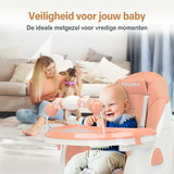 Een Roze inklapbare kinderstoel die ook als kinderstoeltje en tafel kan dienen, ideaal als meegroeiende stoel voor baby's.