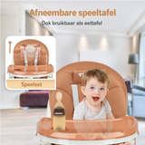 Een inklapbare kinderstoel die ook als kinderstoeltje en tafel kan dienen, ideaal als meegroeiende stoel voor baby's.