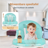 Een inklapbare kinderstoel die ook als kinderstoeltje en tafel kan dienen, ideaal als meegroeiende stoel voor baby's.