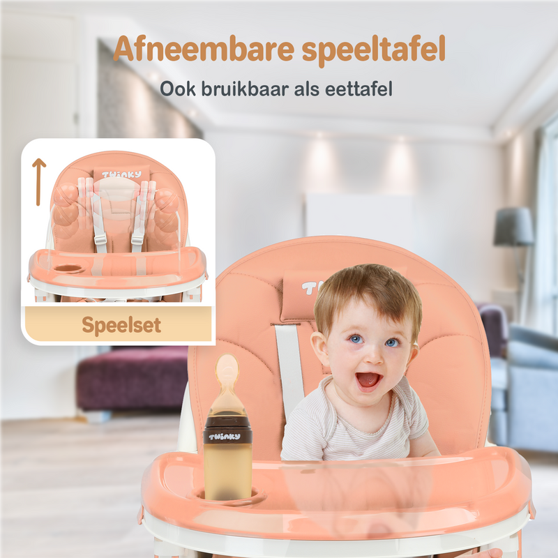 Een Roze inklapbare kinderstoel die ook als kinderstoeltje en tafel kan dienen, ideaal als meegroeiende stoel voor baby's.