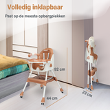 Een inklapbare kinderstoel die ook als kinderstoeltje en tafel kan dienen, ideaal als meegroeiende stoel voor baby's.