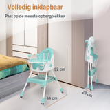 Een inklapbare kinderstoel die ook als kinderstoeltje en tafel kan dienen, ideaal als meegroeiende stoel voor baby's.