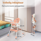 Een Roze inklapbare kinderstoel die ook als kinderstoeltje en tafel kan dienen, ideaal als meegroeiende stoel voor baby's.