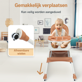 Een inklapbare kinderstoel die ook als kinderstoeltje en tafel kan dienen, ideaal als meegroeiende stoel voor baby's.