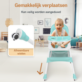 Een inklapbare kinderstoel die ook als kinderstoeltje en tafel kan dienen, ideaal als meegroeiende stoel voor baby's.