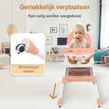 Een Roze inklapbare kinderstoel die ook als kinderstoeltje en tafel kan dienen, ideaal als meegroeiende stoel voor baby's.