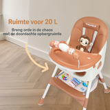 Een inklapbare kinderstoel die ook als kinderstoeltje en tafel kan dienen, ideaal als meegroeiende stoel voor baby's.