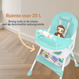 Een inklapbare kinderstoel die ook als kinderstoeltje en tafel kan dienen, ideaal als meegroeiende stoel voor baby's.