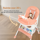 Een Roze inklapbare kinderstoel die ook als kinderstoeltje en tafel kan dienen, ideaal als meegroeiende stoel voor baby's.