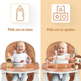 Een inklapbare kinderstoel die ook als kinderstoeltje en tafel kan dienen, ideaal als meegroeiende stoel voor baby's.