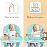 Een inklapbare kinderstoel die ook als kinderstoeltje en tafel kan dienen, ideaal als meegroeiende stoel voor baby's.