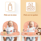 Een Roze inklapbare kinderstoel die ook als kinderstoeltje en tafel kan dienen, ideaal als meegroeiende stoel voor baby's.