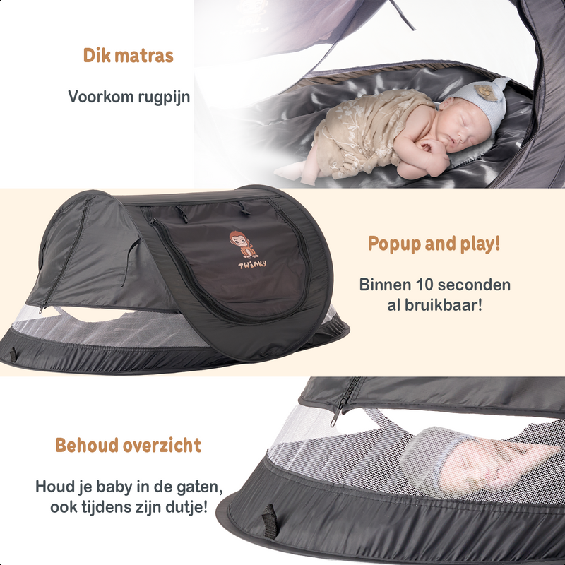 Twinky Luxe Pop-up Tent voor Baby en Peuter - Incl handige Matras - Zwart