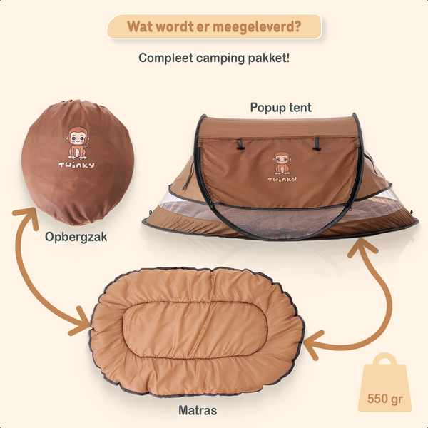 Twinky Luxe Pop-up Tent voor Baby en Peuter - Incl handige Matras - Bruin