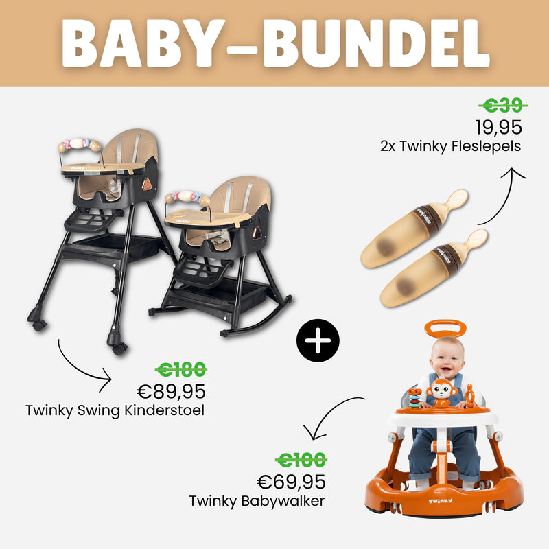 Twinky Kinderstoel SWING + 2x Knijpfles Lepels + Babywalker (BABYBUNDEL)