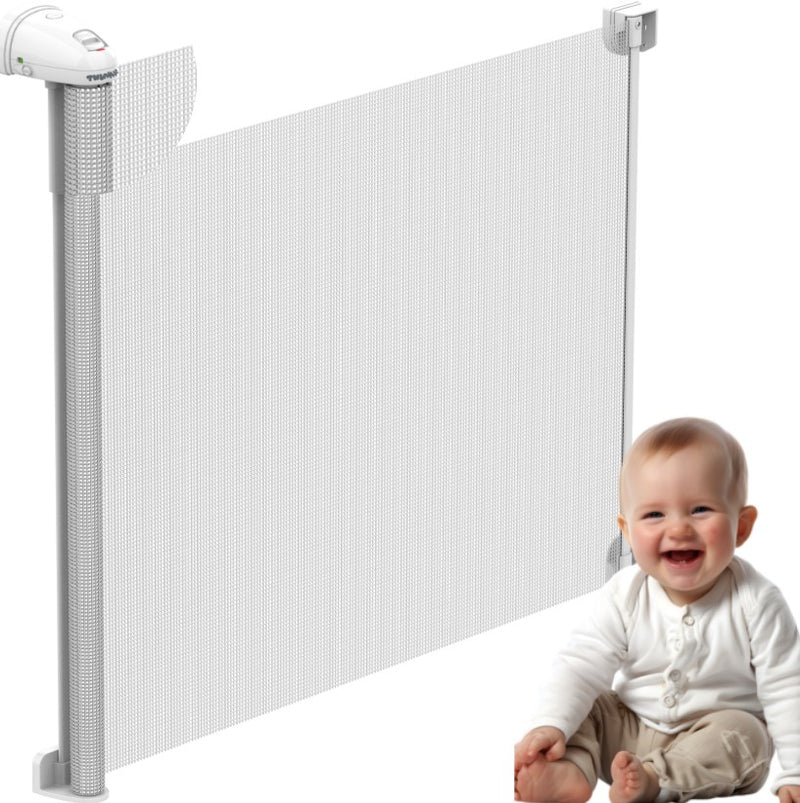 Veiligheidshek, intrekbaar, 0-300 cm, uitschuifbaar veiligheidshek voor kinderen, oprolbaar, voor trappen en gangen, grijs Veiligheidshek, intrekbaar, 0-300 cm, uitschuifbaar veiligheidshek voor kinderen, oprolbaar, voor trappen en gangen, grijs