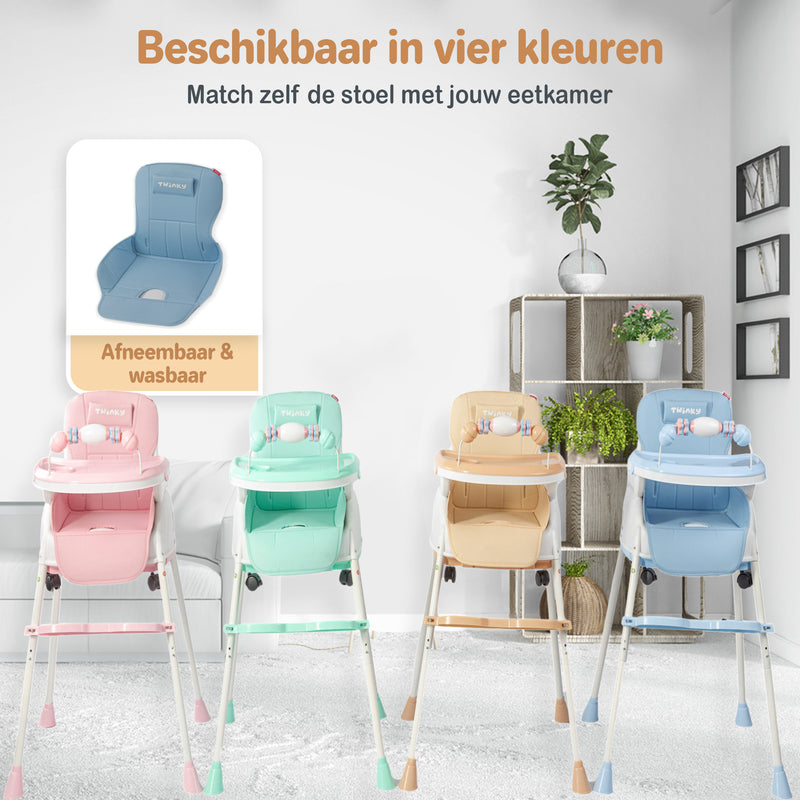 Een inklapbare kinderstoel die ook als kinderstoeltje en tafel kan dienen, ideaal als meegroeiende stoel voor baby's.