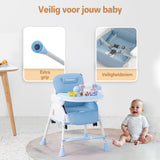 Een inklapbare kinderstoel die ook als kinderstoeltje en tafel kan dienen, ideaal als meegroeiende stoel voor baby's.