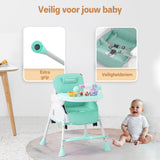 Een inklapbare kinderstoel die ook als kinderstoeltje en tafel kan dienen, ideaal als meegroeiende stoel voor baby's.