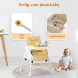 Een inklapbare kinderstoel die ook als kinderstoeltje en tafel kan dienen, ideaal als meegroeiende stoel voor baby's.