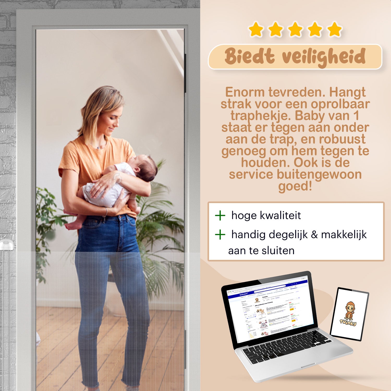 Een traphekje zonder boren, uitschuifbaar en oprolbaar, beschikbaar in zowel zwart als wit voor veiligheid en gemak.