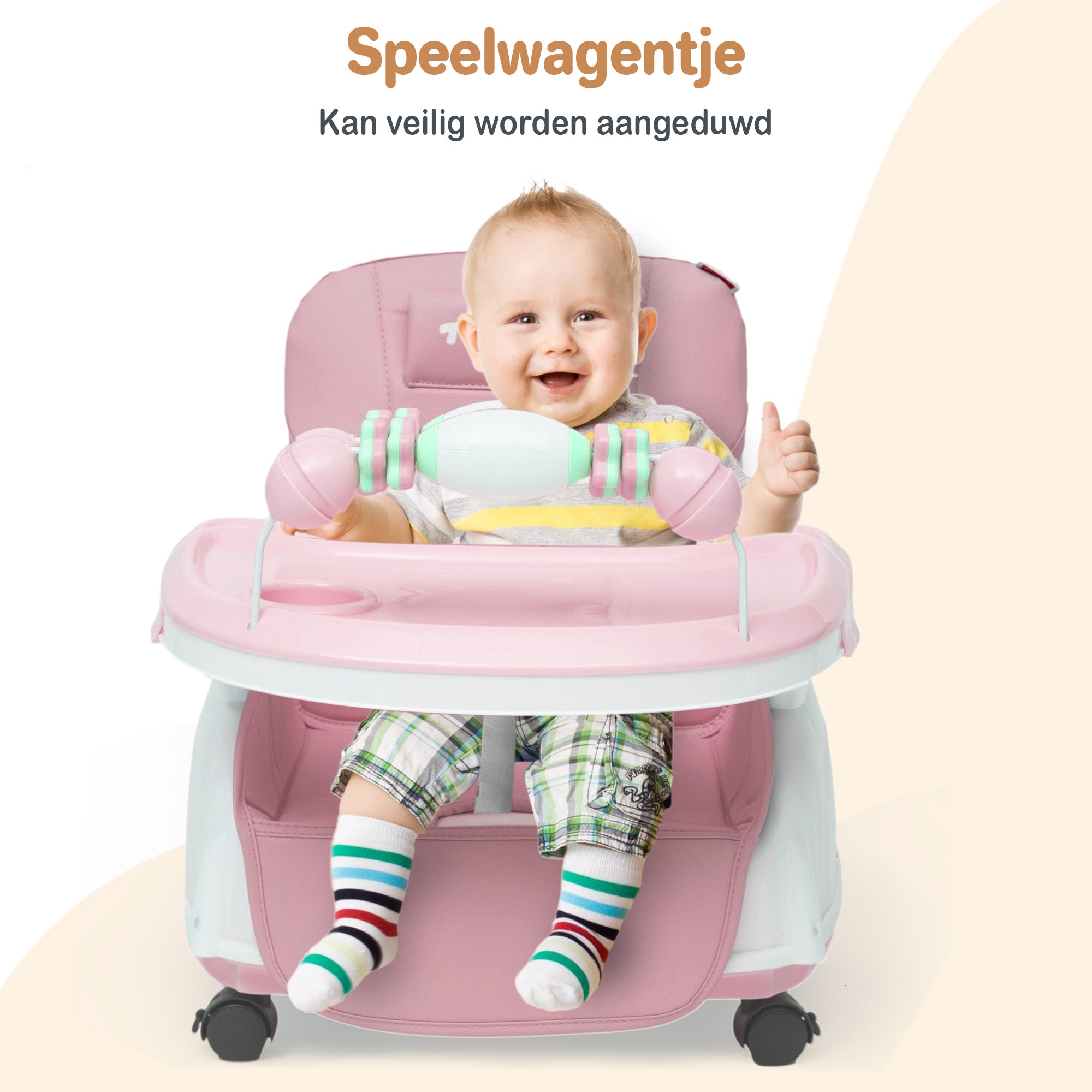Een inklapbare kinderstoel die ook als kinderstoeltje en tafel kan dienen, ideaal als meegroeiende stoel voor baby's.