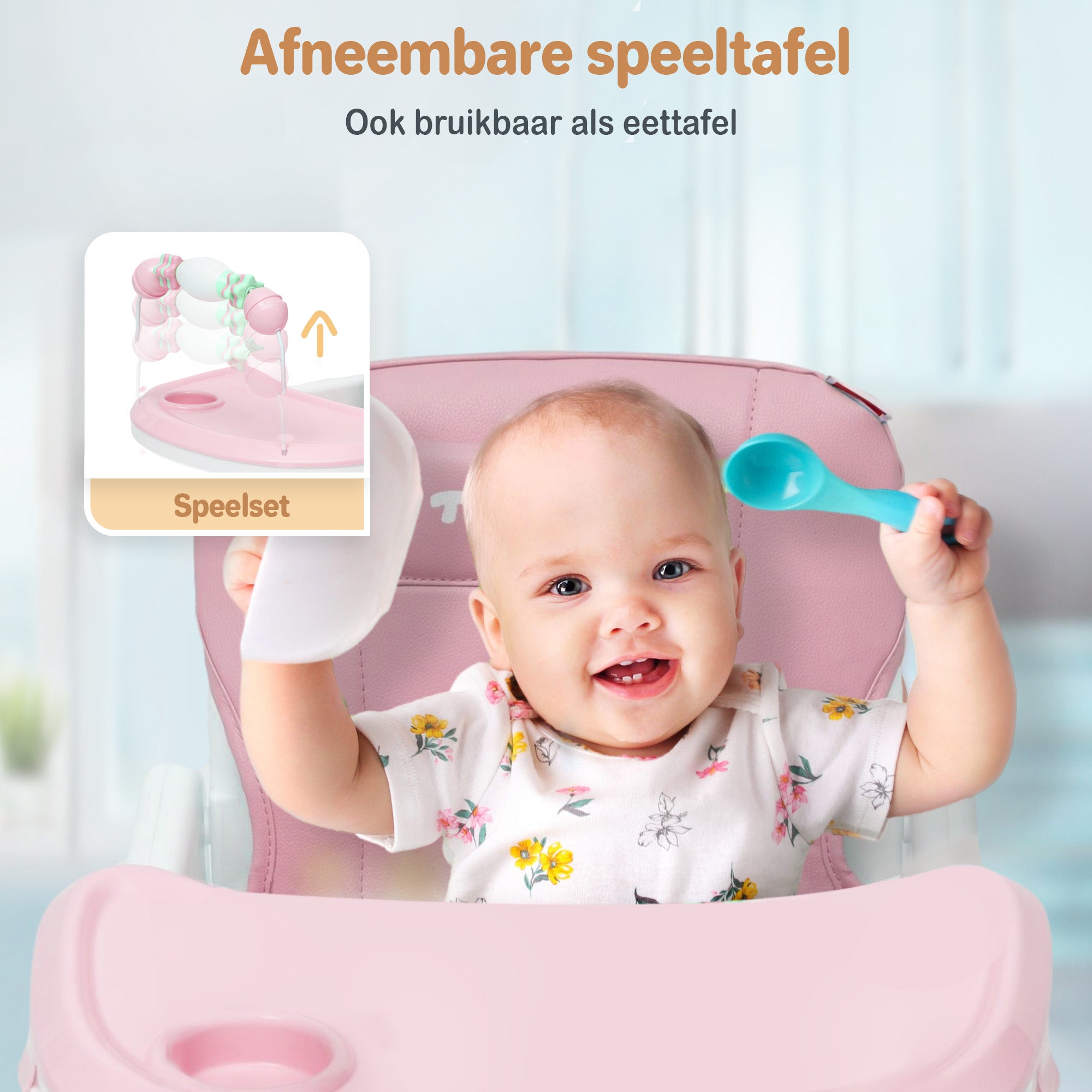 Een inklapbare kinderstoel die ook als kinderstoeltje en tafel kan dienen, ideaal als meegroeiende stoel voor baby's.