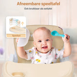 Een inklapbare kinderstoel die ook als kinderstoeltje en tafel kan dienen, ideaal als meegroeiende stoel voor baby's.