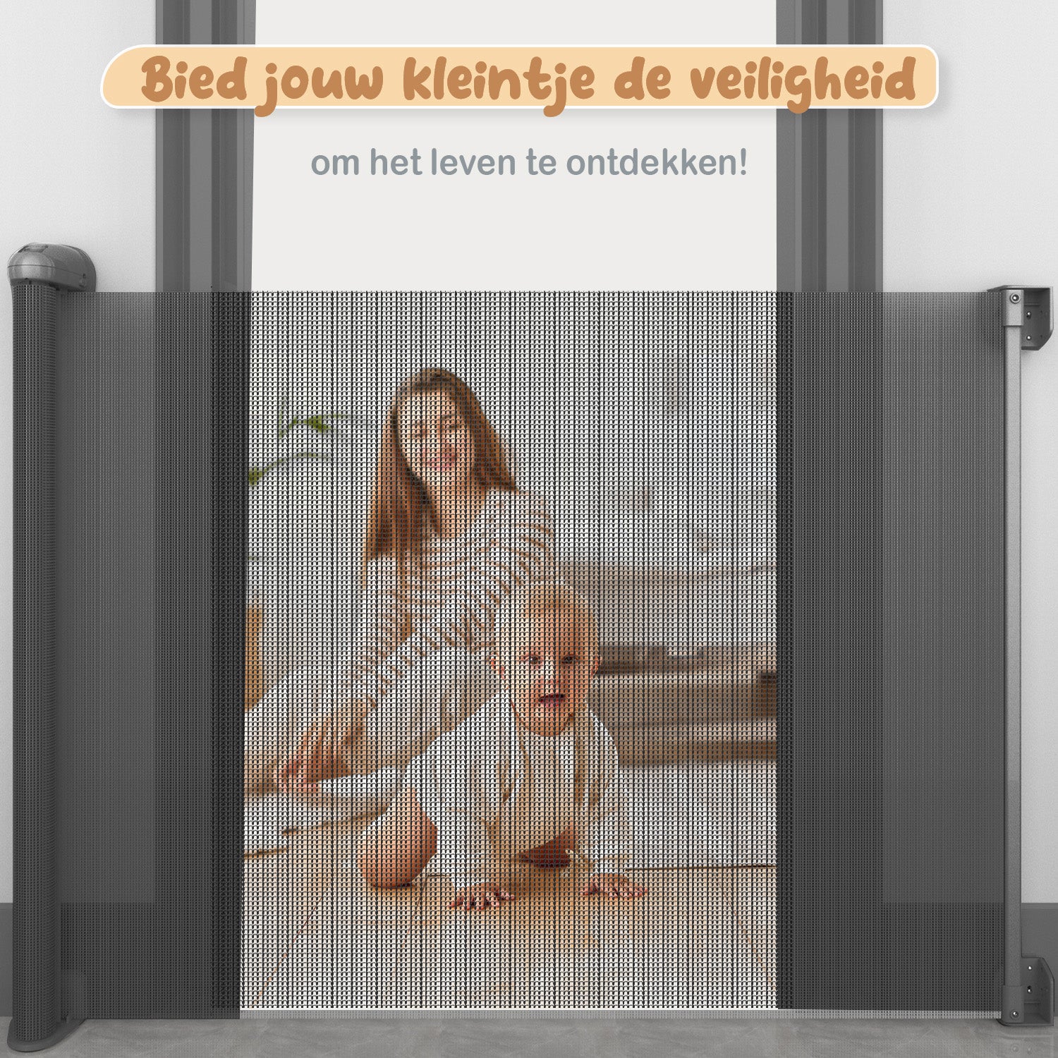 Een traphekje zonder boren, uitschuifbaar en oprolbaar, beschikbaar in zowel zwart als wit voor veiligheid en gemak.