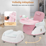 Een inklapbare kinderstoel die ook als kinderstoeltje en tafel kan dienen, ideaal als meegroeiende stoel voor baby's.