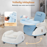 Een inklapbare kinderstoel die ook als kinderstoeltje en tafel kan dienen, ideaal als meegroeiende stoel voor baby's.