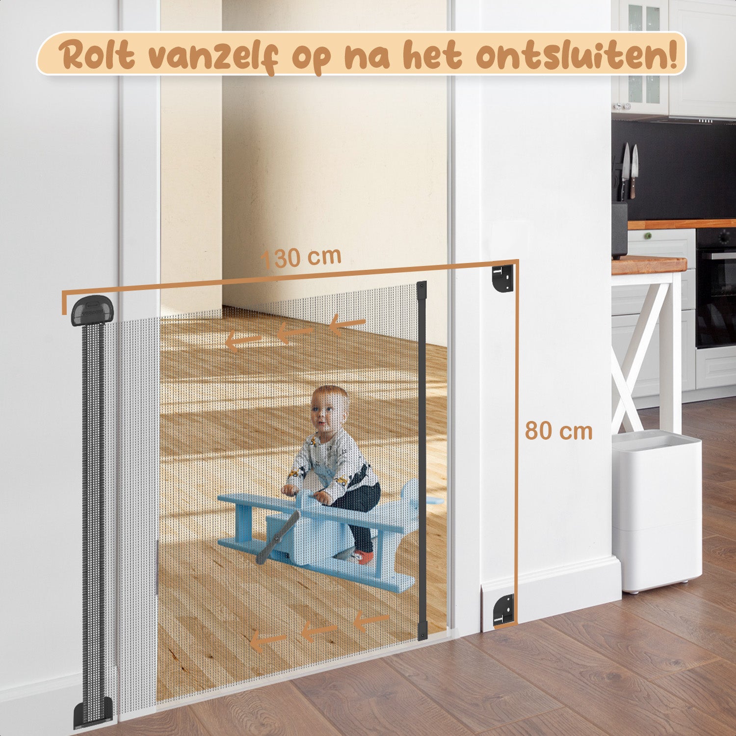 Een traphekje zonder boren, uitschuifbaar en oprolbaar, beschikbaar in zowel zwart als wit voor veiligheid en gemak.