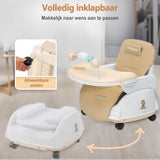 Een inklapbare kinderstoel die ook als kinderstoeltje en tafel kan dienen, ideaal als meegroeiende stoel voor baby's.